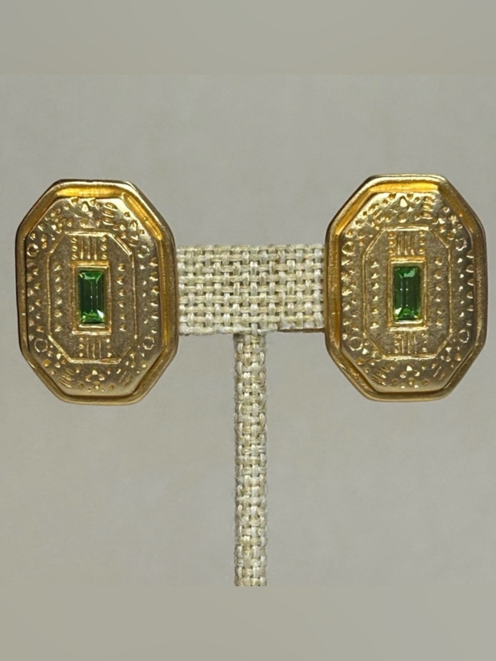 Vintage GIO Rectangular Gold Plated Green Faux Emerald Earrings Giovanni Clip On